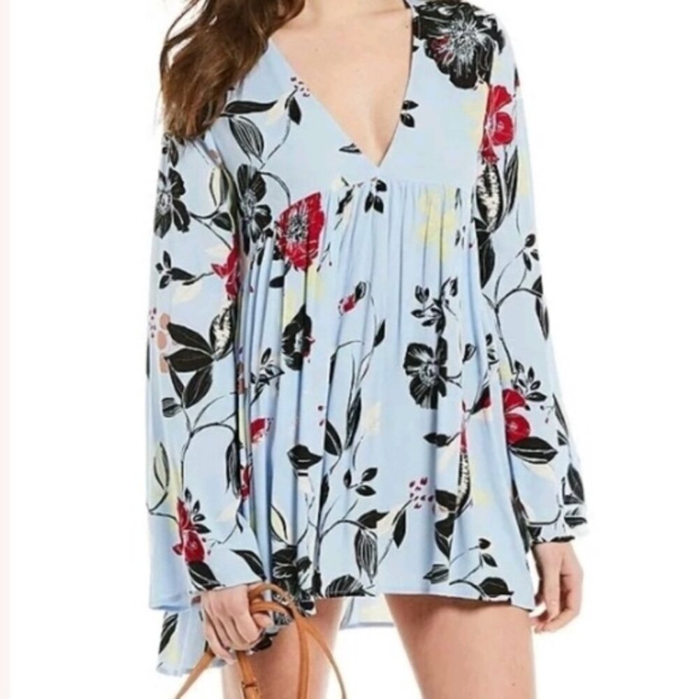 Free People Bella Floral Printed Tunic Top Long Sleeve V-Neck Shirt Blouse Blue